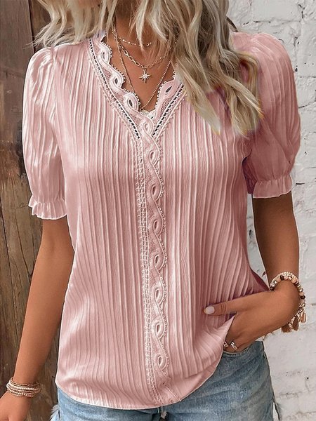 V Neck Plain Lace Elegant Shirt, Shirts & Blouses, color:Pink|size:XS, JustFashionNow