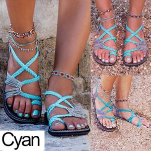 JFN  Plus Size Women Sandals Handmade Beach Flat Sandals, Sandals, color:Cyan|size:44, JustFashionNow