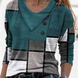 JFN Cowl Neck Geometric Buttoned Casual Top, Shirts & Blouses, color:Green|size:XXL, JustFashionNow