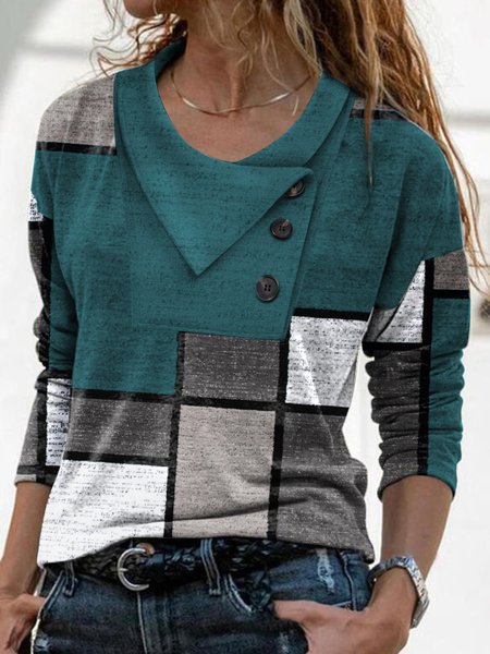 JFN Cowl Neck Geometric Buttoned Casual Top, Shirts & Blouses, color:Green|size:XXL, JustFashionNow