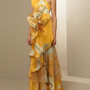 One Shoulder Elegant Wedding Guest Dress, Maxi Dresses, color:Yellow|size:XS, Stylewe