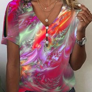V Neck Loose Abstract Casual T-Shirt, JustFashionNow T-Shirts, color:Red|size:3XL,