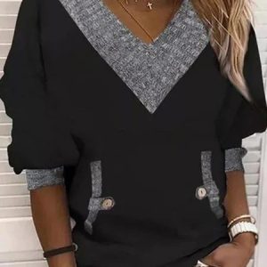 V Neck Casual Simple Long Sleeve Loose Sweatshirt, Hoodies & Sweatshirts, color:Black|size:XXL, Noracora