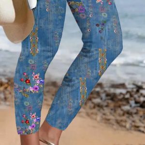 Plus size Tight Floral Casual Leggings, Leggings, color:Blue|size:4X, JustFashionNow