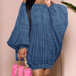 Loose Plain Boat Neck Faux Denim Dress, Mini Dresses, color:Blue|size:XXL, Stylewe
