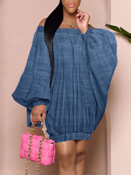 Loose Plain Boat Neck Faux Denim Dress, Mini Dresses, color:Blue|size:XXL, Stylewe