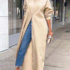 Simple Loosen Plain Long Sleeve Woven Maxi Dress, Maxi Dresses, color:Khaki|size:XS, Stylewe