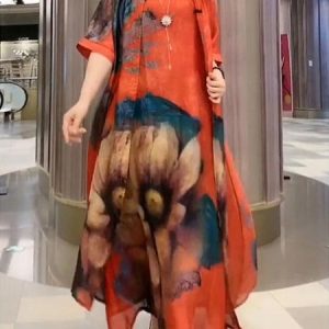 Women Floral Crew Neck Half Sleeve Comfy Casual Coat With Skirt Two-Piece Set, Sets, color:Color2|size:3XL, Noracora