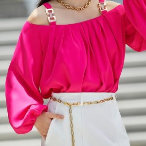 No Elasticity Square Neck Long sleeve Elegant Loose Shirt, Blouses and Shirts, color:Rose Red|size:XXL, Stylewe