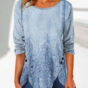 Ethnic Casual Loose Irregular Hem Round Neck Blouse, Shirts & Blouses, color:Blue|size:XXL, JustFashionNow