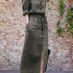 Loose Shirt Collar Long Sleeve Plain Urban Maxi Dress With Belt, Maxi Dresses, color:As Picture|size:XXL, Stylewe