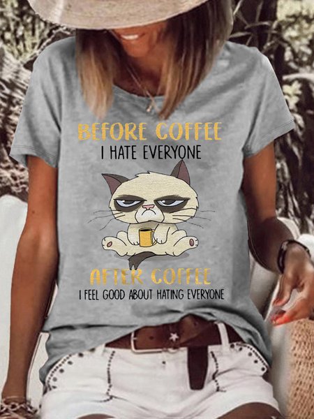 womens Funny Grumpy Cat Before Coffee I Hate Everyone After Coffee I Feel Good T-Shirt, T-shirts, Lilicloth.com