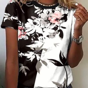 Crew Neck Loose Casual Floral T-Shirt, T-shirts, color:Black-white|size:XXL, Noracora