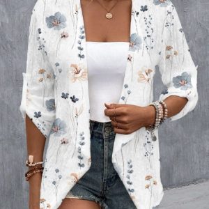 Floral Knitted Casual Kimono, Cardigans, color:White|size:XXL, JustFashionNow