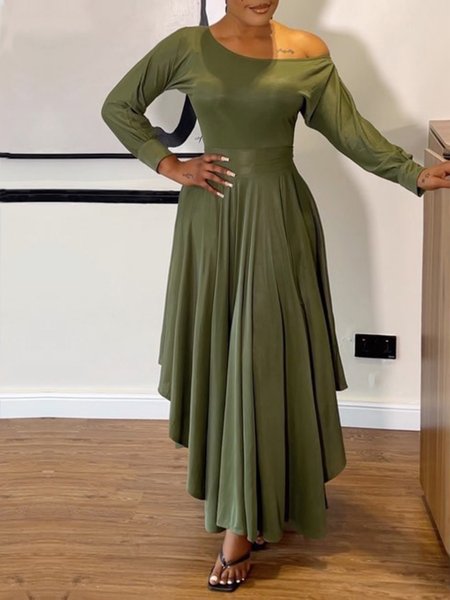 Urban Plain Cold Shoulder Maxi Dress, Maxi Dresses, color:Army Green|size:XXL, Stylewe
