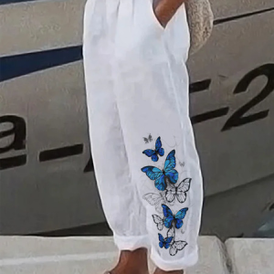 Plus Size Butterfly Casual Loose Cotton Pants, Pants, color:White|size:4X, JustFashionNow