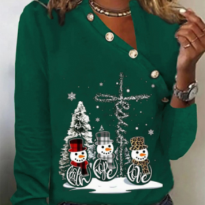 Casual Loose Buttoned Christmas Long sleeve T-Shirt, Shirts & Blouses, color:Green|size:XXL, JustFashionNow
