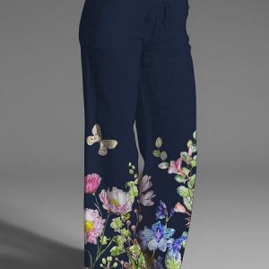 Loose Floral Casual Drawstring Pants, Pants, color:Dark Blue|size:XXL, JustFashionNow
