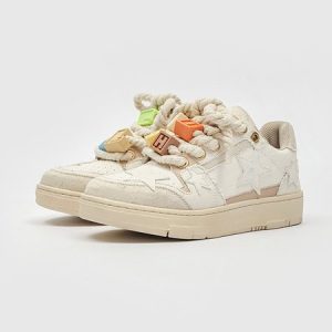 Simple Contrast Stitching Lace-Up Flat Heel Canvas, Short, color:Beige|size:38, Noracora