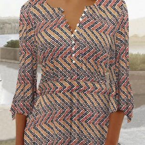 Geometric Casual Loose Notched Shirt, Shirts & Blouses, color:Red|size:XXL, JustFashionNow