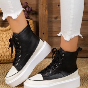 Leather Chunky-Sole Lace-Up Flat Sneakers, Sneakers, color:Black|size:43, JustFashionNow