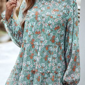 Crew Neck Long Sleeve Floral Regular Regular Fit Shirt For Women, Blouses, color:Green|size:XL, Noracora
