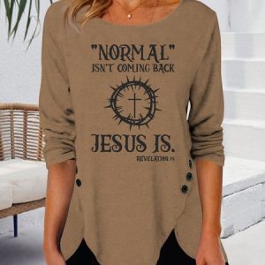 Letter Printed button Detail top tunic, T-shirts, color:Coffee|size:XXL, Noracora