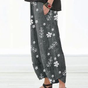 Casual Floral Printed Pockets Women All Season Pants, Pants, color:Deep Gray|size:4XL, JustFashionNow