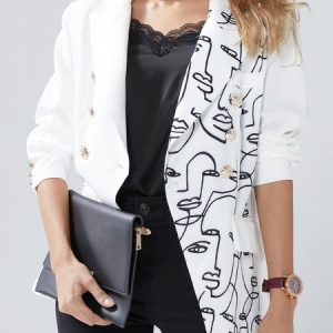 Stylewe Autumn Commuting Long sleeve Lapel Collar Abstract Loose Blazer, Outerwear, color:White|size:XXL, Stylewe