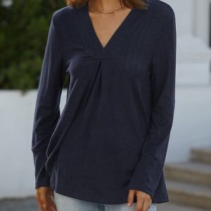 Casual Solid V Neck Tee, Shirts & Blouses, color:Deep Gray|size:XXL, JustFashionNow