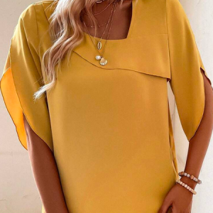 Plain Casual Crew Neck Solid Asymmetrical Neck Petal Sleeve Blouse, Shirts & Blouses, color:Yellow|size:XXL, JustFashionNow