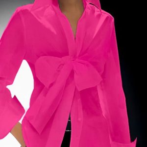 Daily Plain Shirt Collar Urban Long sleeve Blouse, Blouses and Shirts, color:Rose Red|size:XXL, Stylewe