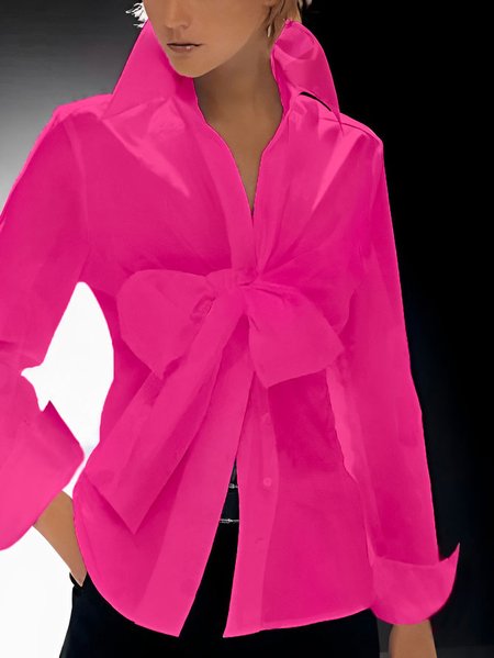 Daily Plain Shirt Collar Urban Long sleeve Blouse, Blouses and Shirts, color:Rose Red|size:XXL, Stylewe