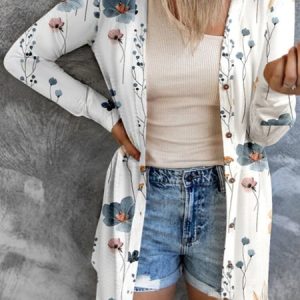 Loose Floral V Neck Casual Kimono, Cardigans, color:White|size:XXL, JustFashionNow
