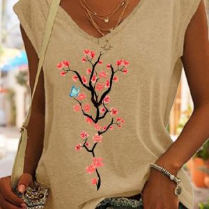 Women's Beautiful Blossom Print Casual V Neck Cotton-Blend Tank Top, Tank Tops, Lilicloth.com