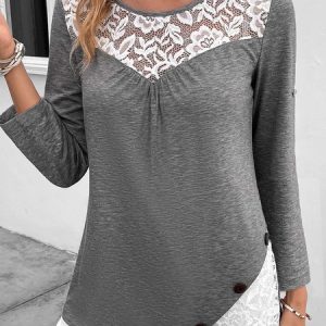 Crew Neck Plain Casual Buckle T-Shirt, T-Shirts, color:Gray|size:XXL, JustFashionNow