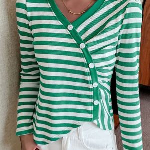 V Neck Long Sleeve Striped Irregular Craftsmanship Regular Micro-Elasticity Regular Fit Shirt For Women, Shirts, color:Green|size:XL, Noracora