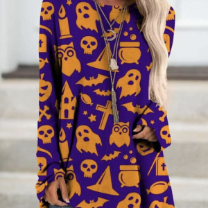 Casual Halloween Crew Neck Long Sleeve T-shirt, T-shirts, color:Purple|size:5XL, Noracora