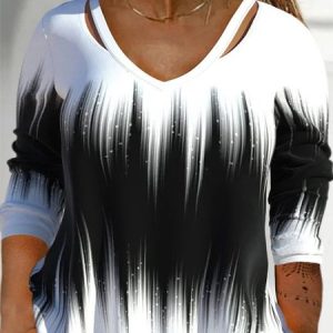 Plus Size Loose Abstract V Neck Casual T-Shirt, T-Shirts, color:White|size:4X, JustFashionNow