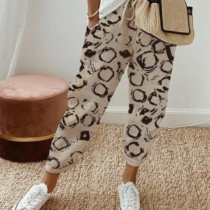 Geometric Printed Lace-up Pockets Casual Pants, Pants, color:Khaki|size:XS, JustFashionNow