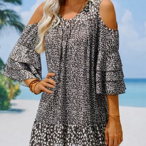 Loose Polka Dots Ruffled Sleeves Cold Shoulder Vacation Dress, Dresses, color:Brown|size:XXL, JustFashionNow