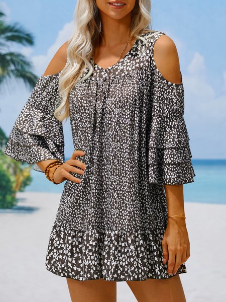 Loose Polka Dots Ruffled Sleeves Cold Shoulder Vacation Dress, Dresses, color:Brown|size:XXL, JustFashionNow