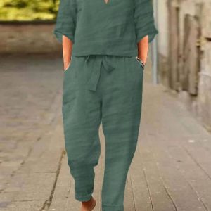 Casual Plain Top With Pants Two-Piece Set, Suit Set, color:Green|size:XXL, JustFashionNow