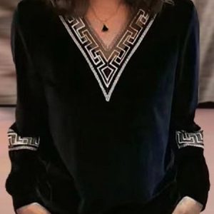 V Neck Long Sleeve Plain Lace Regular Micro-Elasticity Loose Shirt For Women, Shirts, color:Black|size:3XL, Noracora