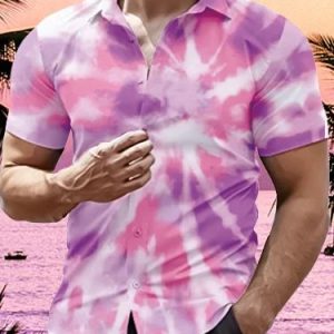 Regular Sleeve Ombre Abstract Vacation Shirt Collar Chemical Fiber Blend Shirt, Shirts ＆ Blouse, color:Pink|size:3XL, JustFashionNow