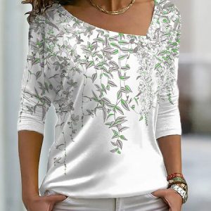 Casual Leaf Asymmetrical Long Sleeve T-shirt, T-shirts, color:Green|size:3XL, Noracora