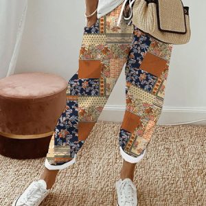 Floral Drawstring Loose Casual Pants, Pants, color:Yellow|size:XXL, JustFashionNow