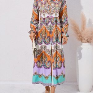 Women Ethnic Stand Collar Long Sleeve Comfy Casual Maxi Dress, Maxi, color:Yellow|size:XXL, Noracora