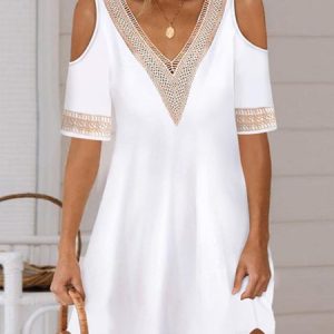 Lace V Neck Vacation Color Block Dress, Dresses, color:White|size:XXL, JustFashionNow