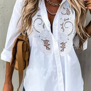 JFN Collar Lace Patchwork Elegant Blouse, Shirts & Blouses, color:White|size:XXL, JustFashionNow